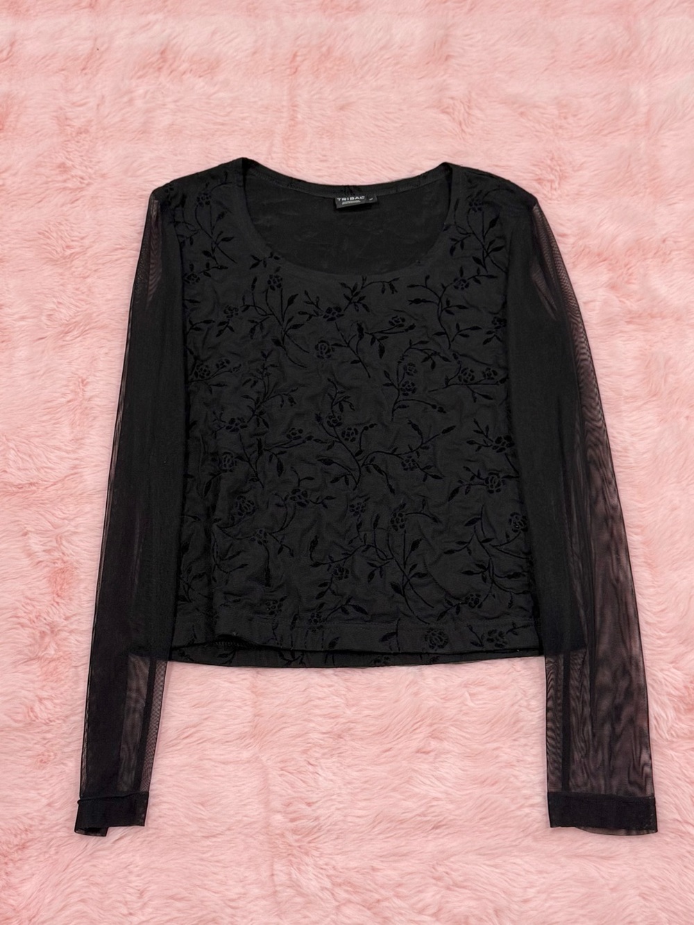 Vintage Tribal Floral Black Long Sleeve Mesh Blouse